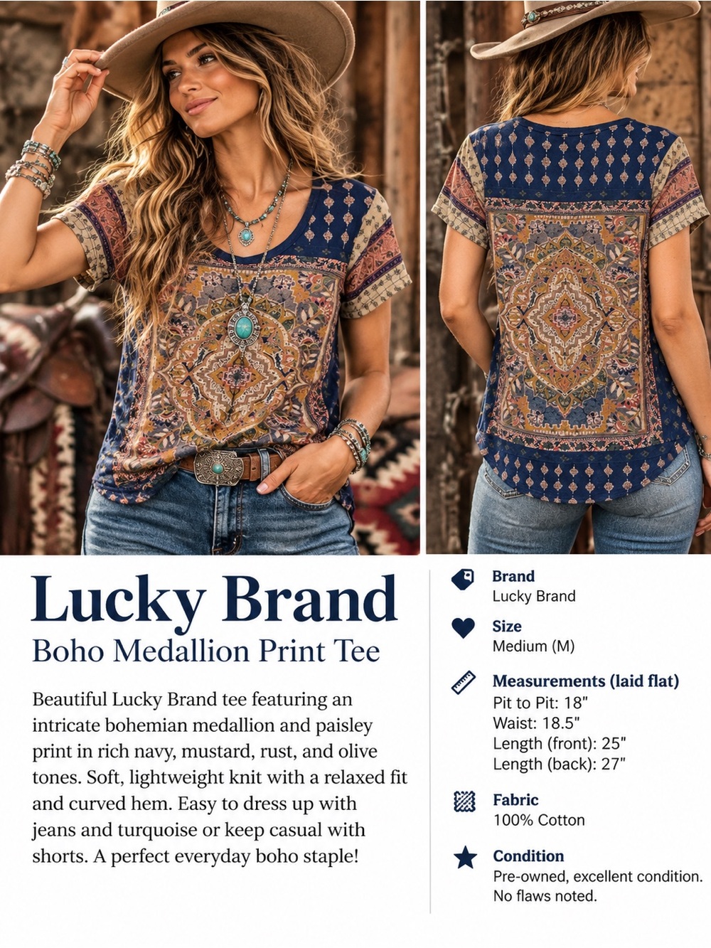 Lucky Brand Boho Medallion Print Tunic Tee Top Size M